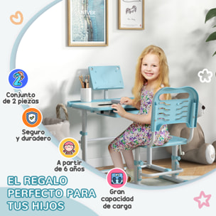 Juego de Escritorio y Silla para Niños de 6-12 Años Pupitre Infantil Altura Ajustable con 1 Cajón 1 Estante para Libros y Ángulo de Mesa Ajustable 80x49,5x82-104 cm Azul y Blanco