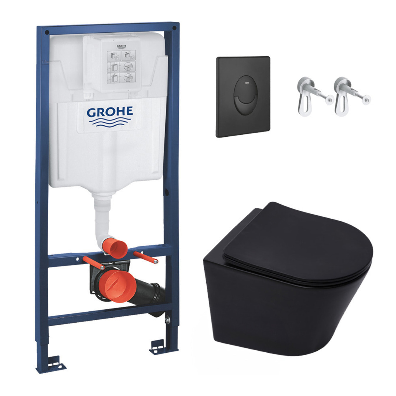 Pack WC Bâti-support Rapid SL + WC Infinitio sans bride noir mat + Abattant softclose + Plaque noire mat