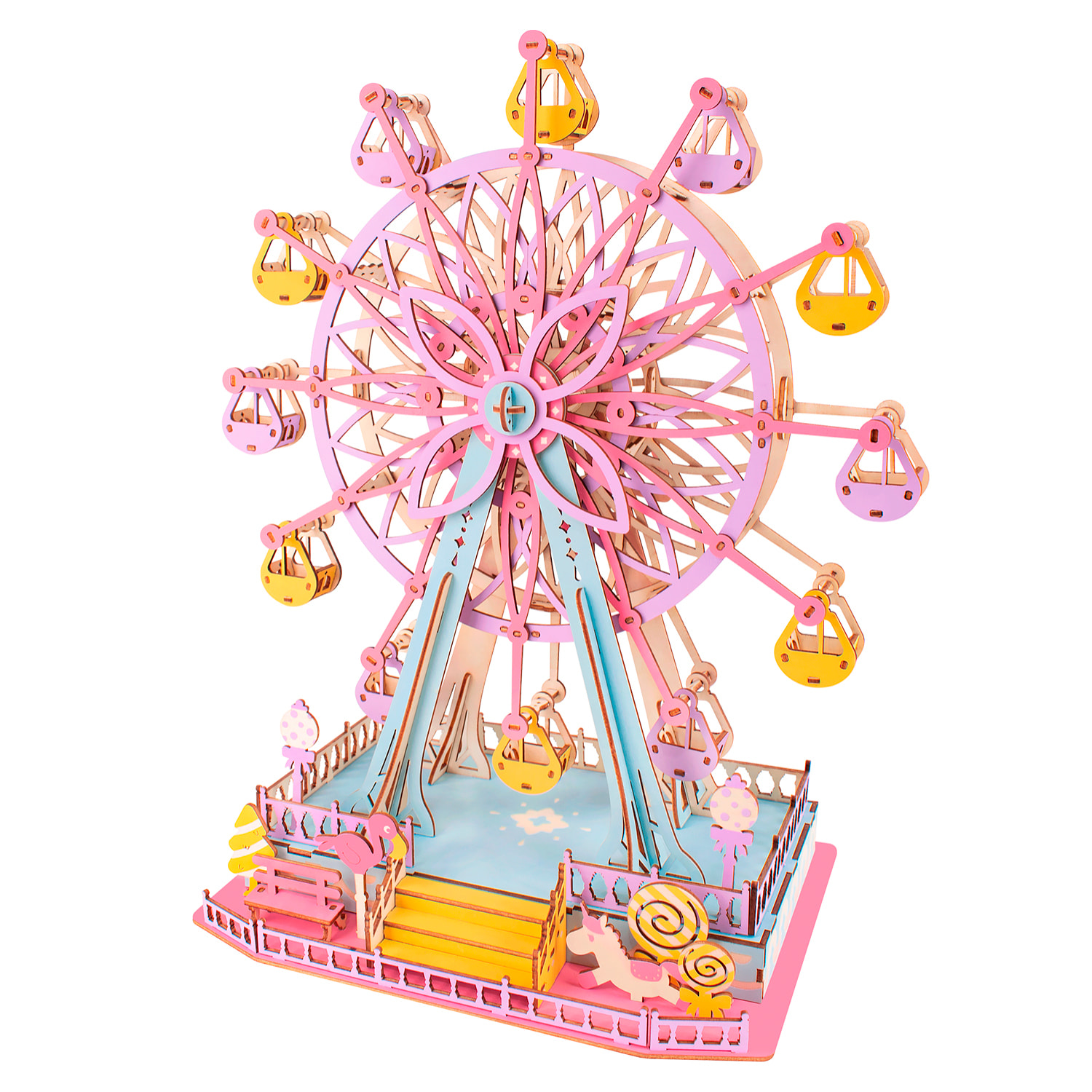 Puzzle 3D in legno. Ruota panoramica rosa. 204 pezzi.