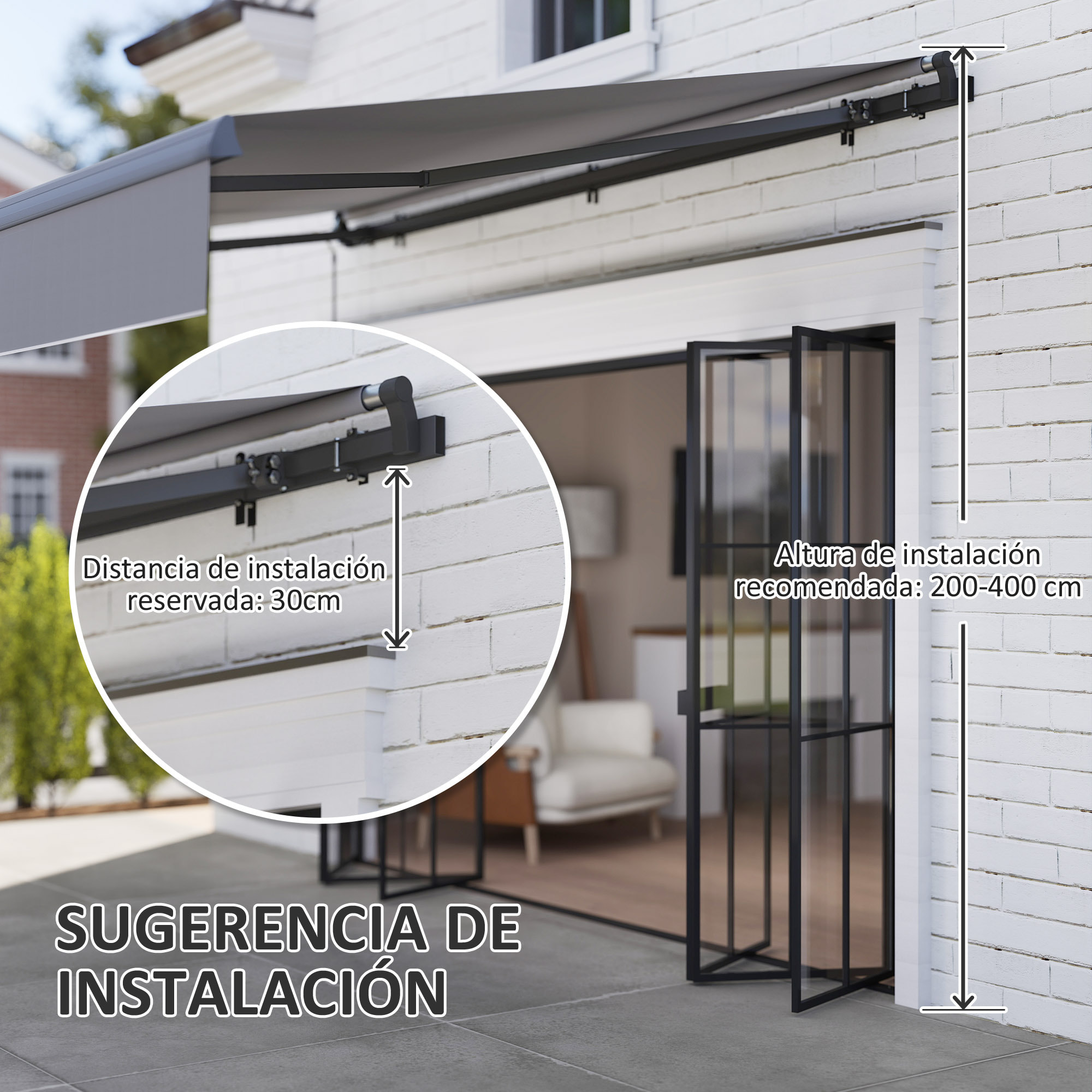 Toldo Manual Retráctil 3x2 m Toldo Exterior Terraza Enrollable Ajustable con Manivela Protección UV50+ Estructura de Aluminio y Metal para Balcón Jardín Gris