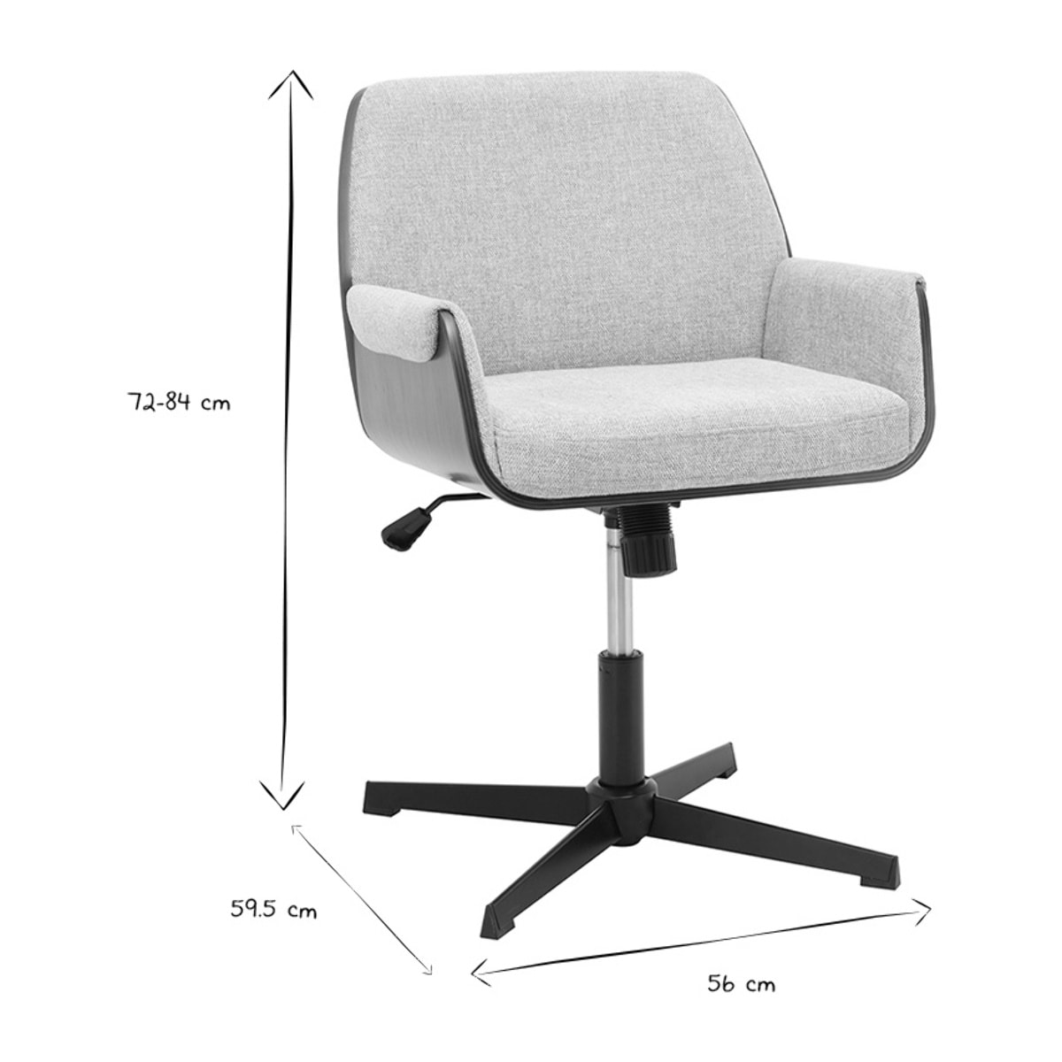 Chaise de bureau en tissu effet velours texturé gris et bois foncé noyer RIKKI