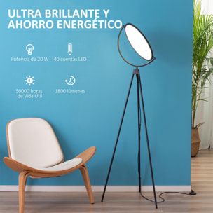 Lámpara de Pie Moderna Lámpara de Suelo con Luz LED de 20W Pantalla Giratoria Trípode de Metal e Interruptor de Pie para Salón Dormitorio Estudio 60x60x163 cm Negro