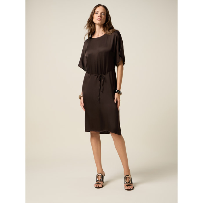 Oltre - Vestido de satén con cinturón - Marrón