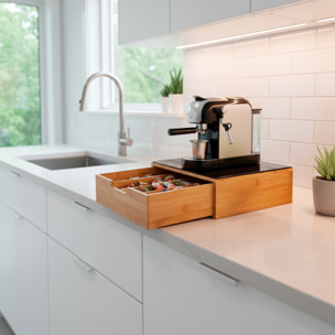 Porta Cialde In Bambù Con Cassetto 4 Scomparti R Ripiano in Vetro Organizer Capsule Caffè Cialde Bustine Tè Tisane Zucchero Design 30 x 30 x 10 Cm