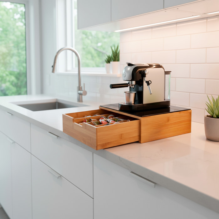 Porta Cialde In Bambù Con Cassetto 4 Scomparti R Ripiano in Vetro Organizer Capsule Caffè Cialde Bustine Tè Tisane Zucchero Design 30 x 30 x 10 Cm