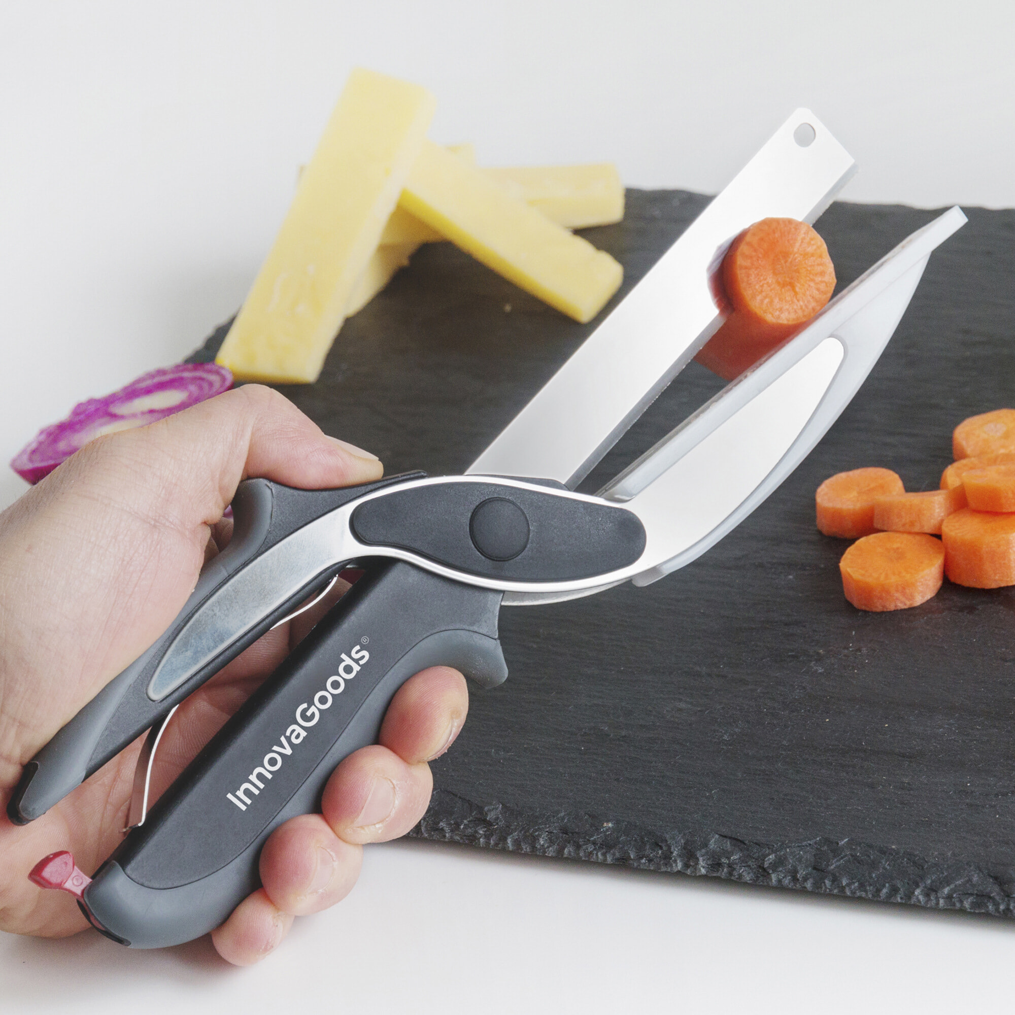 Coltello-forbici con mini tagliere integrato - 7,5 x 25 x 3 cm
