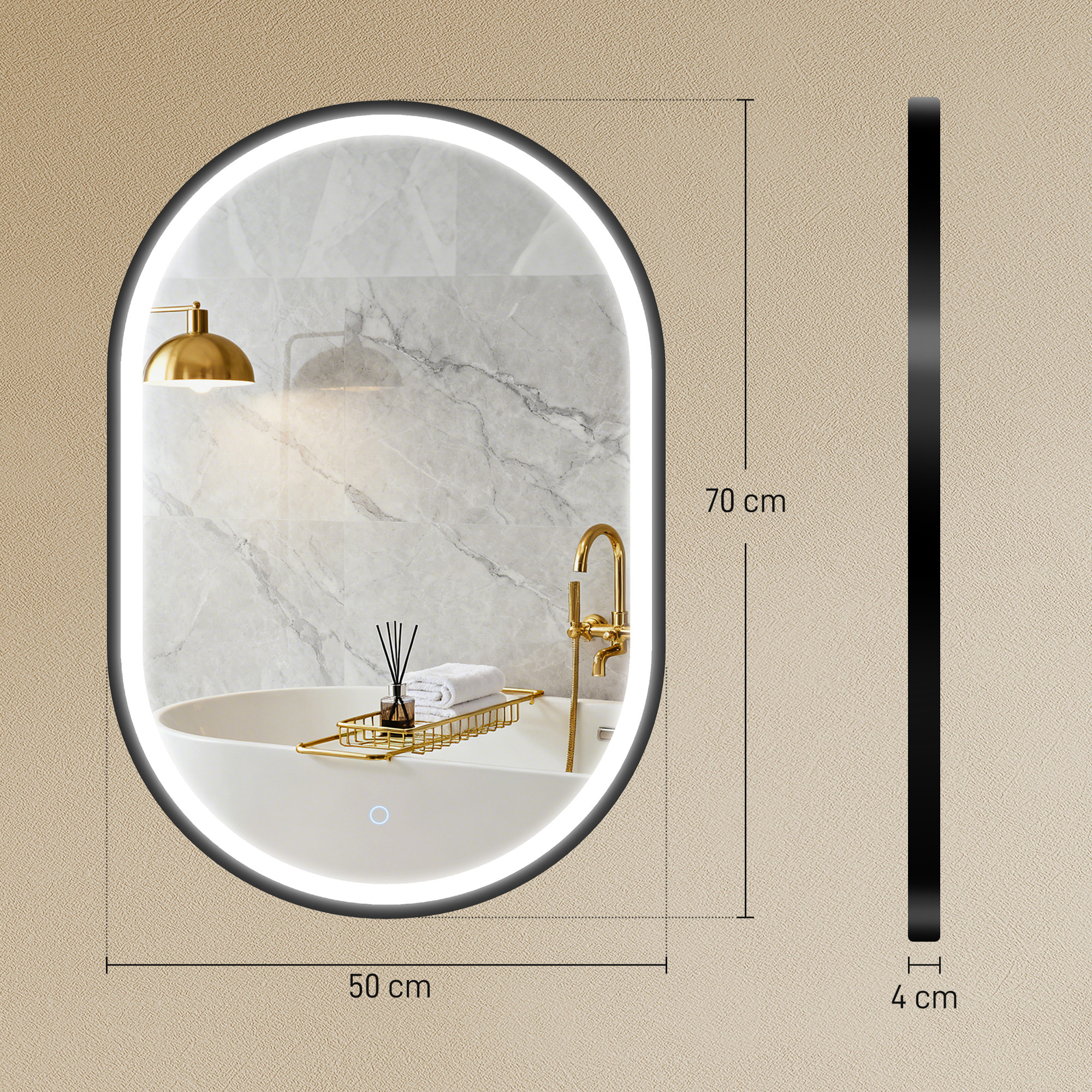 Miroir salle de bain LED design ovale 50 x 70 cm anti-buée dimmable tactile réglable verre trempé alu noir