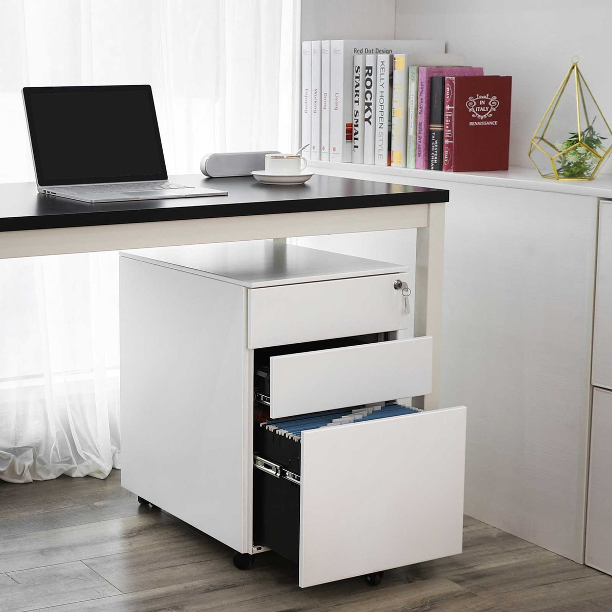 Cassettiera per documenti OFC60WT in acciaio bianco con ruote