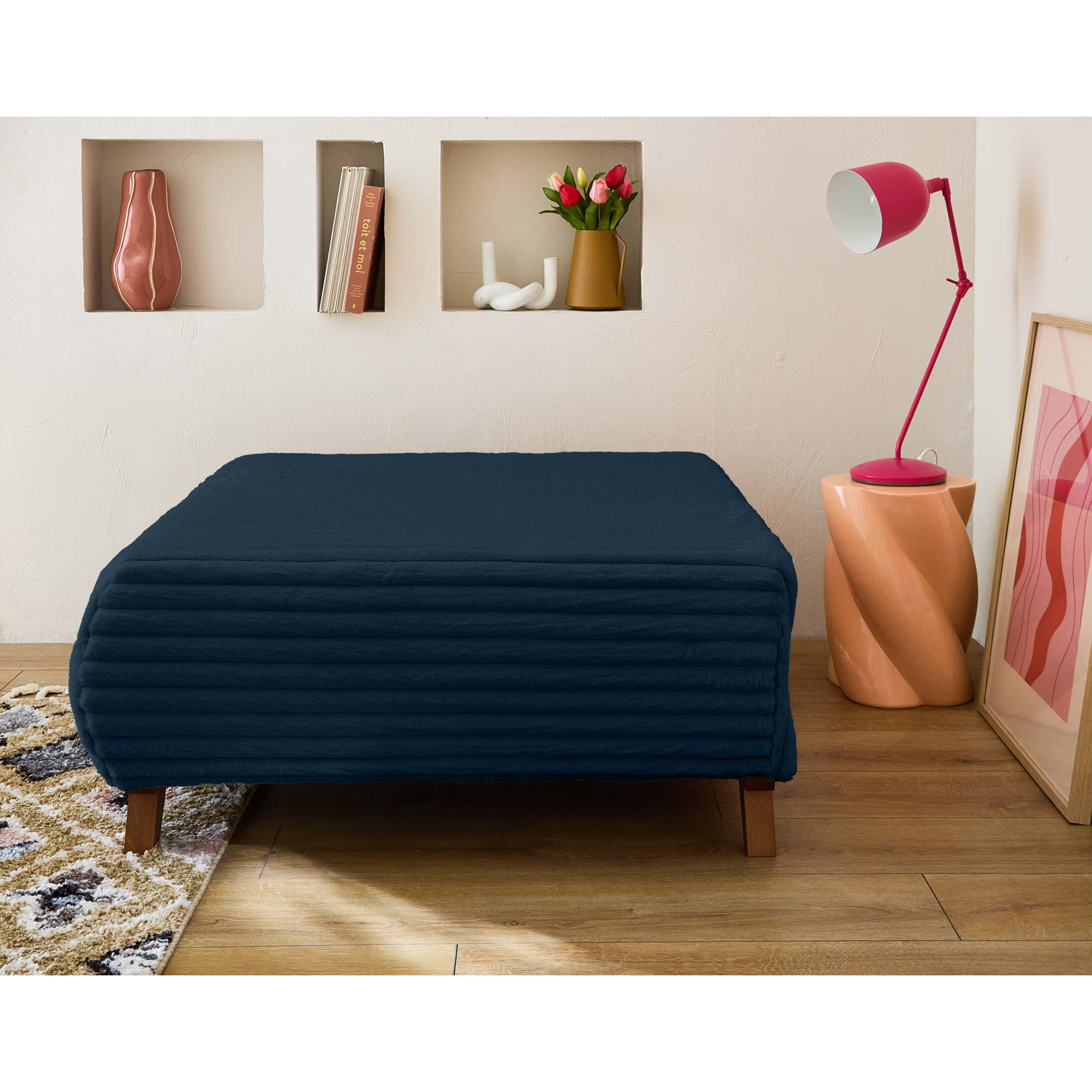 Cristal - pouf modulable - 95 cm - en fausse fourrure côtelée - Bleu