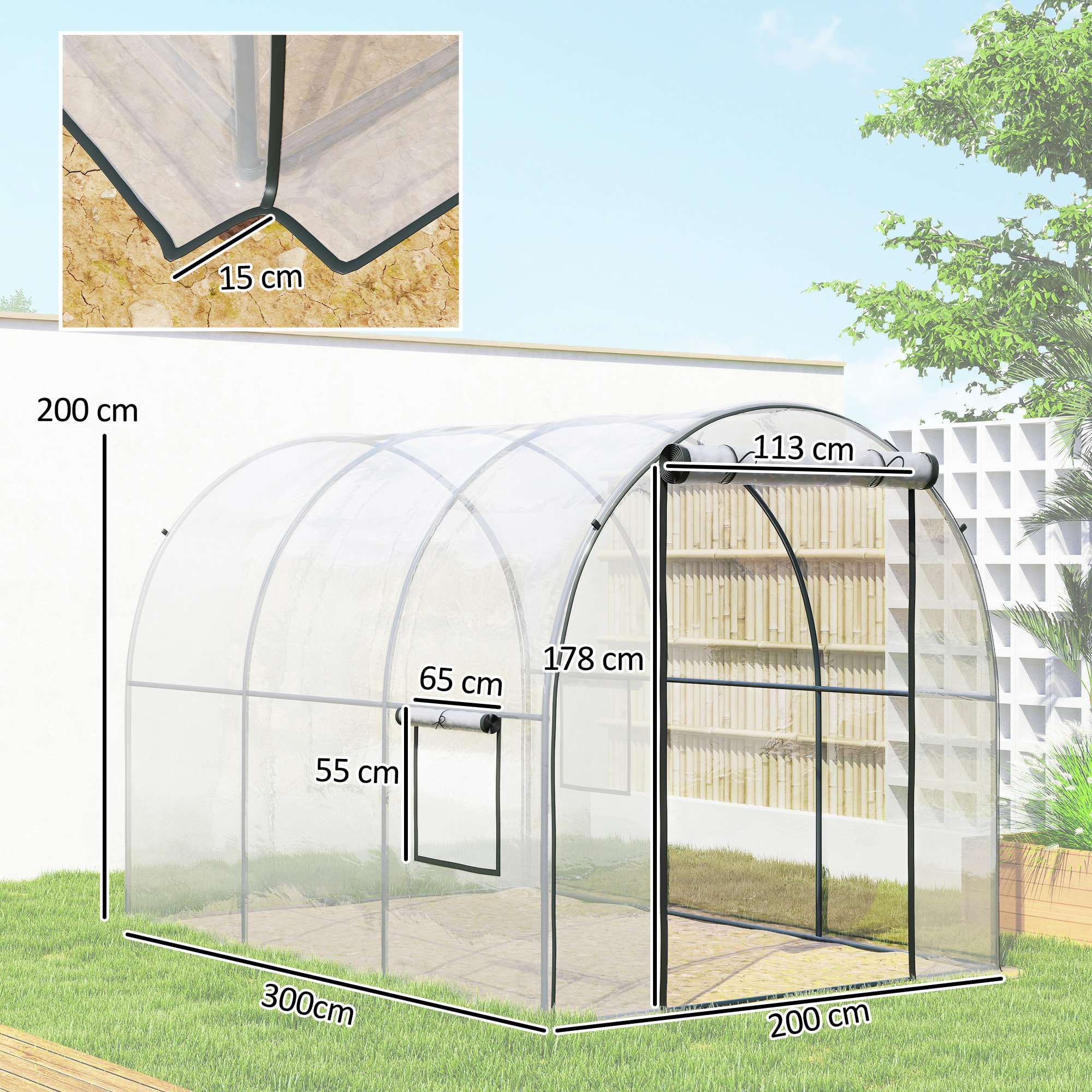 Invernadero de Exterior 3x2x2 m, Invernadero de Túnel con Puerta Enrollable, 2 Ventanas de Malla, Cubierta de Plástico y Marco de Acero, Anti-UV, para Cultivos, Plantas, Flores, Transparente