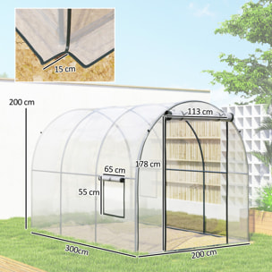 Invernadero de Exterior 3x2x2 m, Invernadero de Túnel con Puerta Enrollable, 2 Ventanas de Malla, Cubierta de Plástico y Marco de Acero, Anti-UV, para Cultivos, Plantas, Flores, Transparente