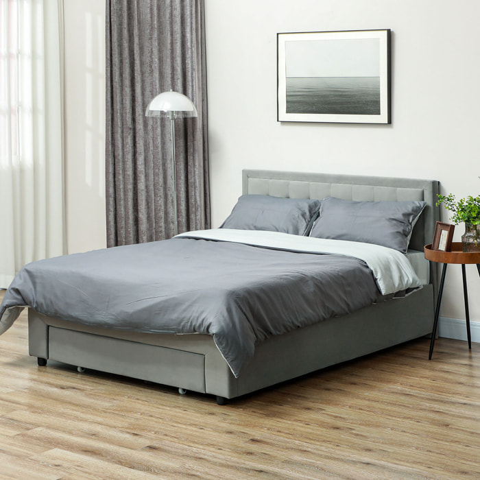 Lit double design industriel - tête de lit, pied de lit et sommier - dim. 145l x 203,5P x 95-104H cm - compatible matelas 140 x 200 cm - tissu 100% polyester, rembourrage mousse, bois d'eucalyptus, panneau multicouche