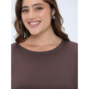 Fiorella Rubino - T-shirt in viscosa con strass sullo scollo - Marrone