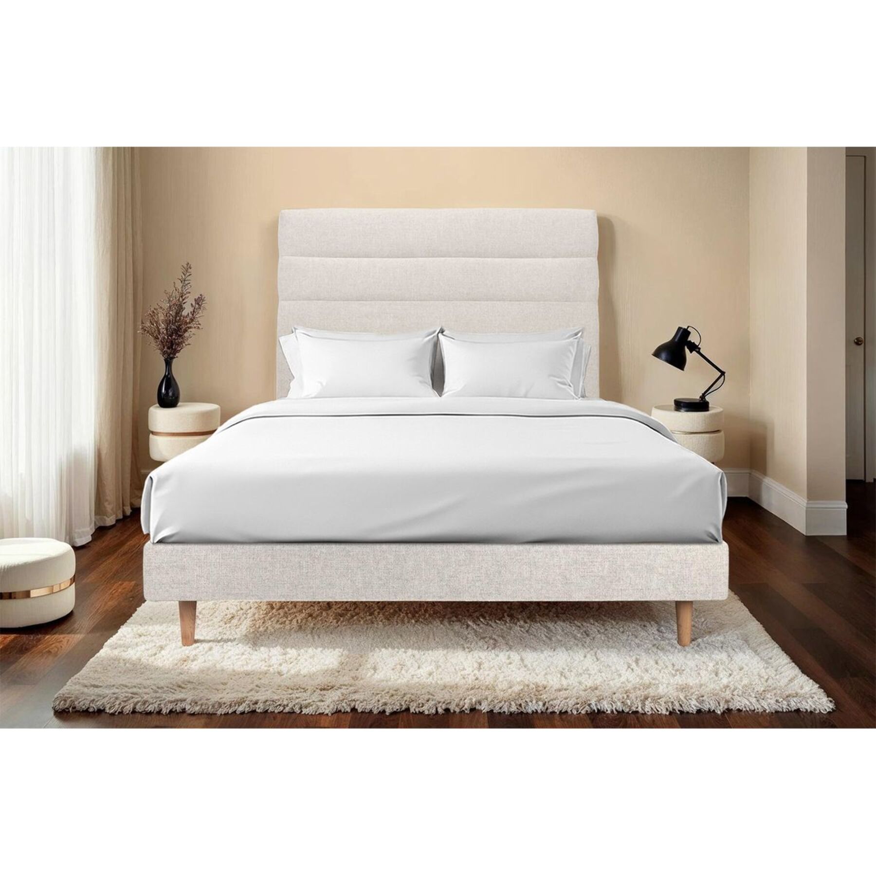 Lit avec tête de lit bandes horizontales tissu et sommier kit Ep14