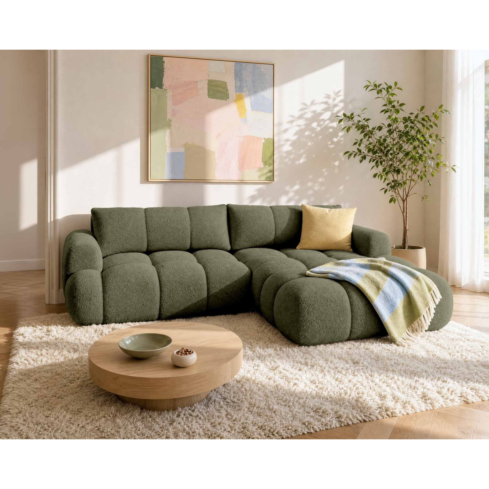 Yulin - Canapé d'angle droit 4 places convertible avec coffre en tissu bouclette - Vert