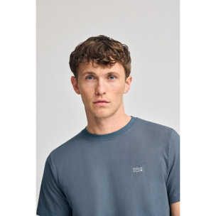 Maglietta blu denim basic a girocollo con particolare ricamato