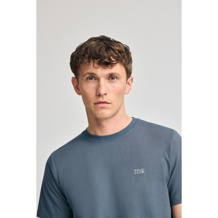 Maglietta blu denim basic a girocollo con particolare ricamato