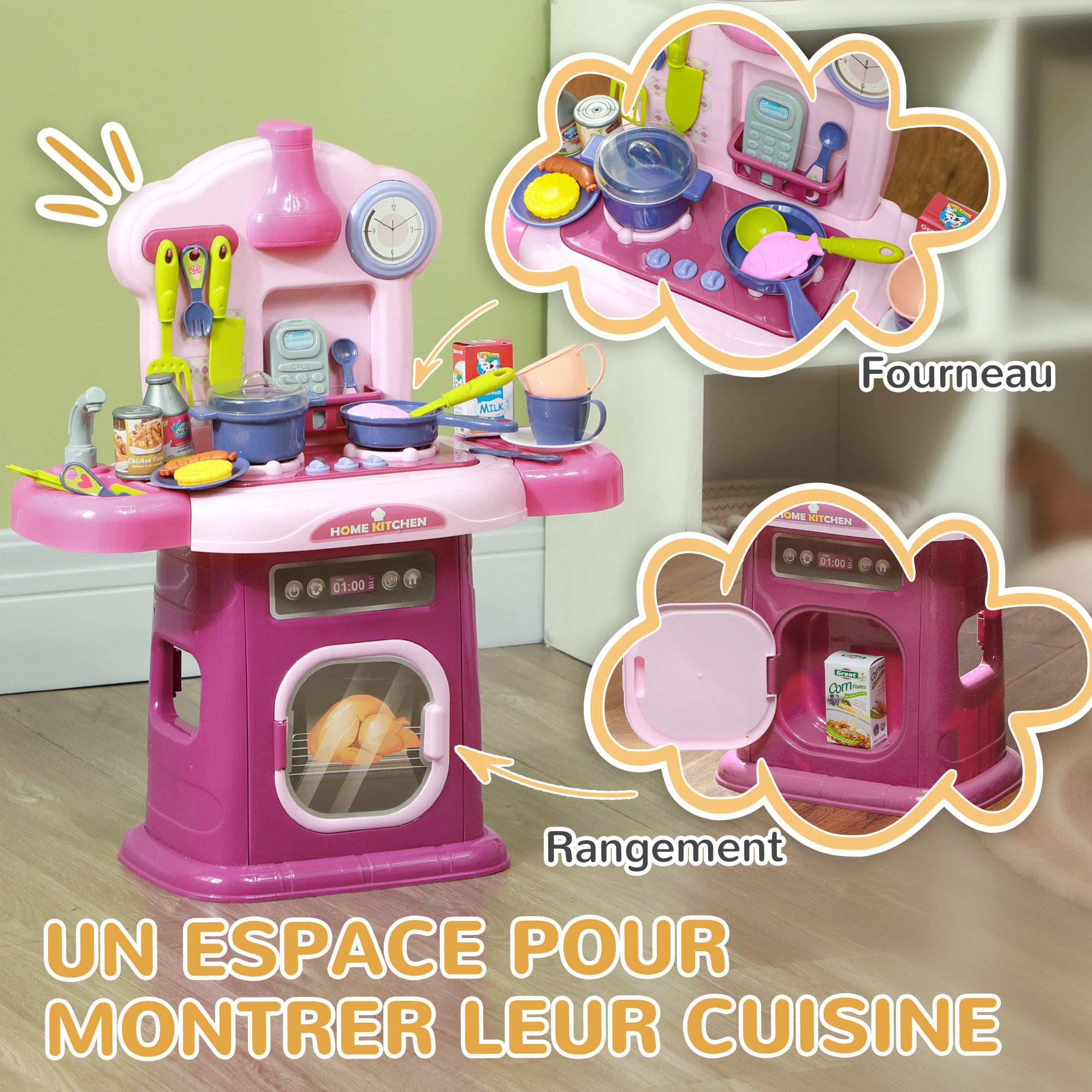 Cuisine enfant jouet d'imitation effets lumineux sonores nombreux accessoires rose