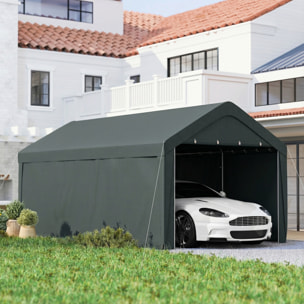 Carpa Garaje Portátil 3x6 m, Garaje Exterior para Coche Impermeable con Paredes Laterales Desmontables, Anti-UV, 2 Puertas Enrollables, Cobertizo para Herramientas de Jardín, Gris Oscuro