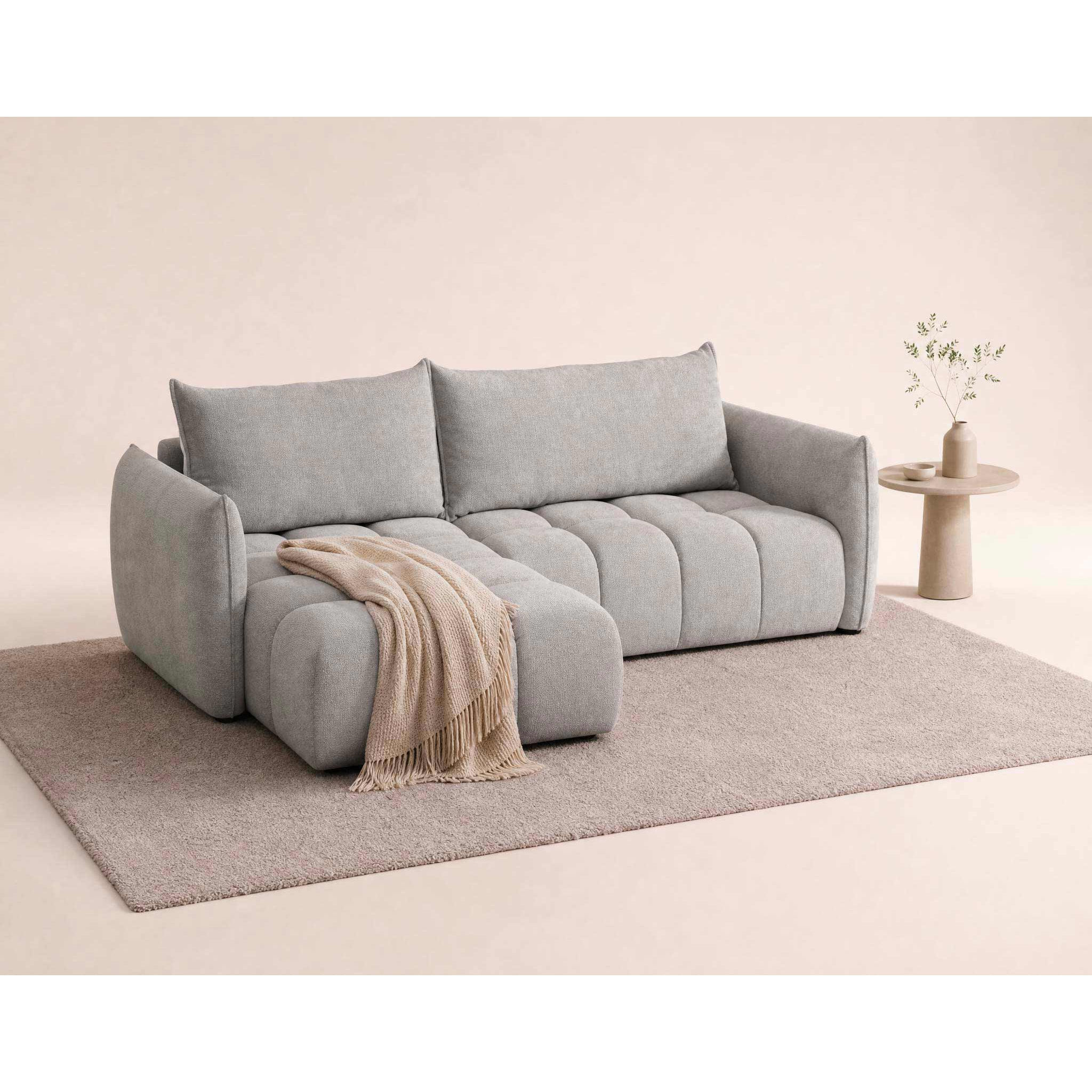 Ambroise - Canapé d'angle gauche 4 places convertible avec coffre en velours texturé - Gris clair