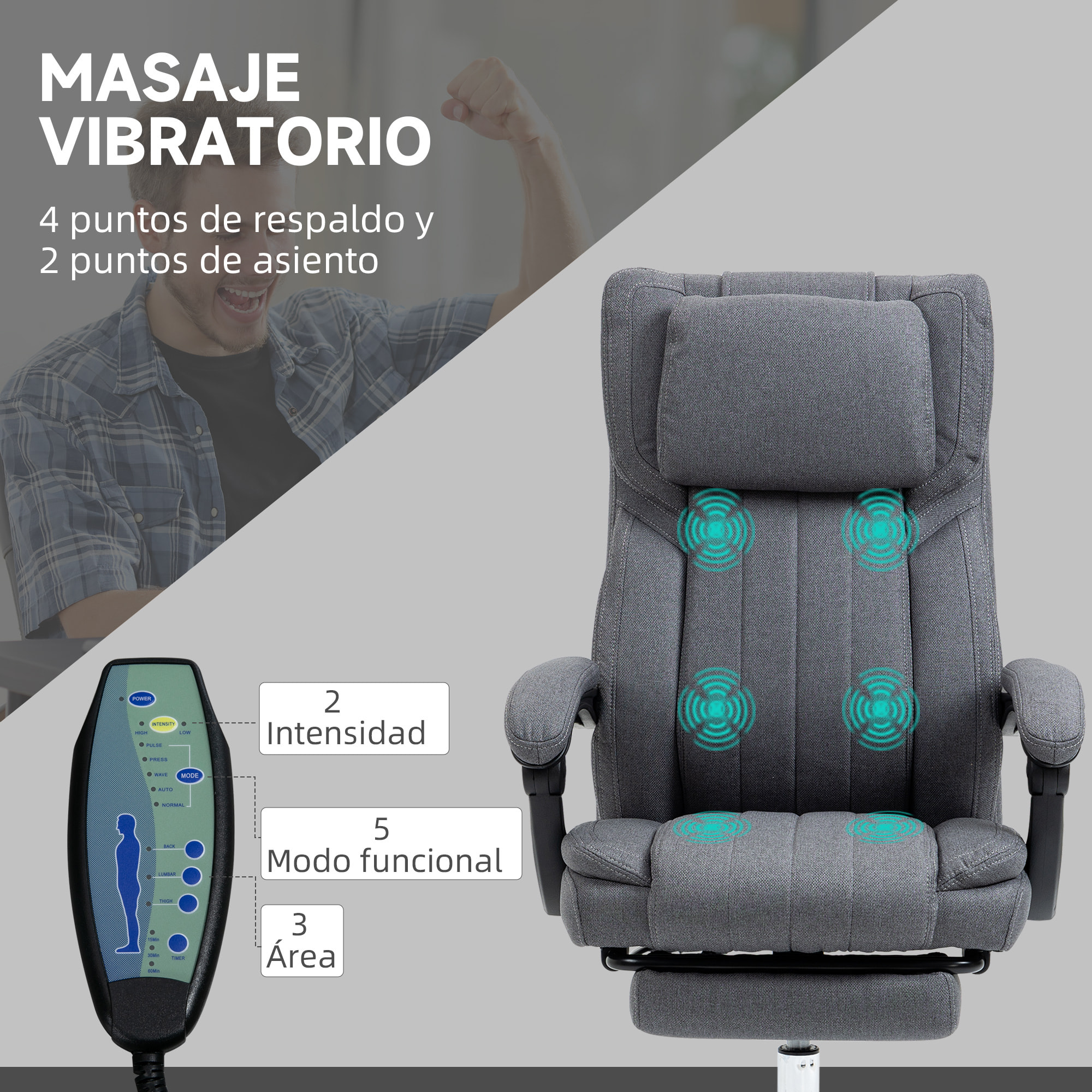 Silla de Oficina Giratoria con 6 Puntos de Masaje Vibratorio Silla de Escritorio Reclinable con Altura Ajustable Control Remoto Respaldo Alto y Reposacabezas 65x61x105-113 cm Gris