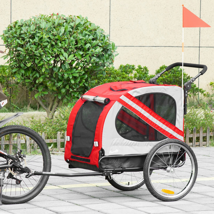 PawHut Remolque de Bicicleta Perros 2 en 1 Carrito Transporte para Mascotas con Puertas Enrollables Ventanas Cinturón de Seguridad Bandera y 6 Reflectores 140x72,5x108 cm Rojo