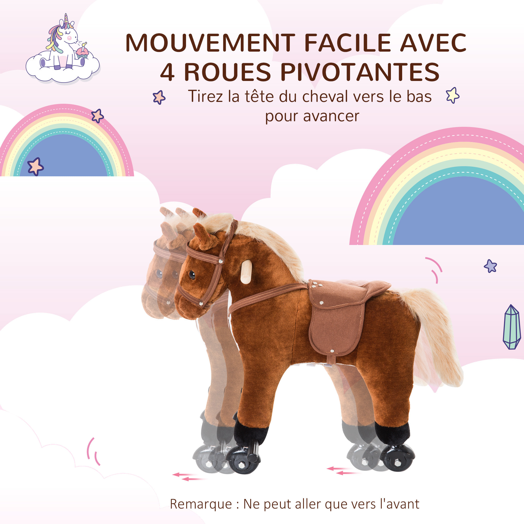Porteur cheval pour enfant +36 mois effet sonore repose-pieds poignées marron blanc