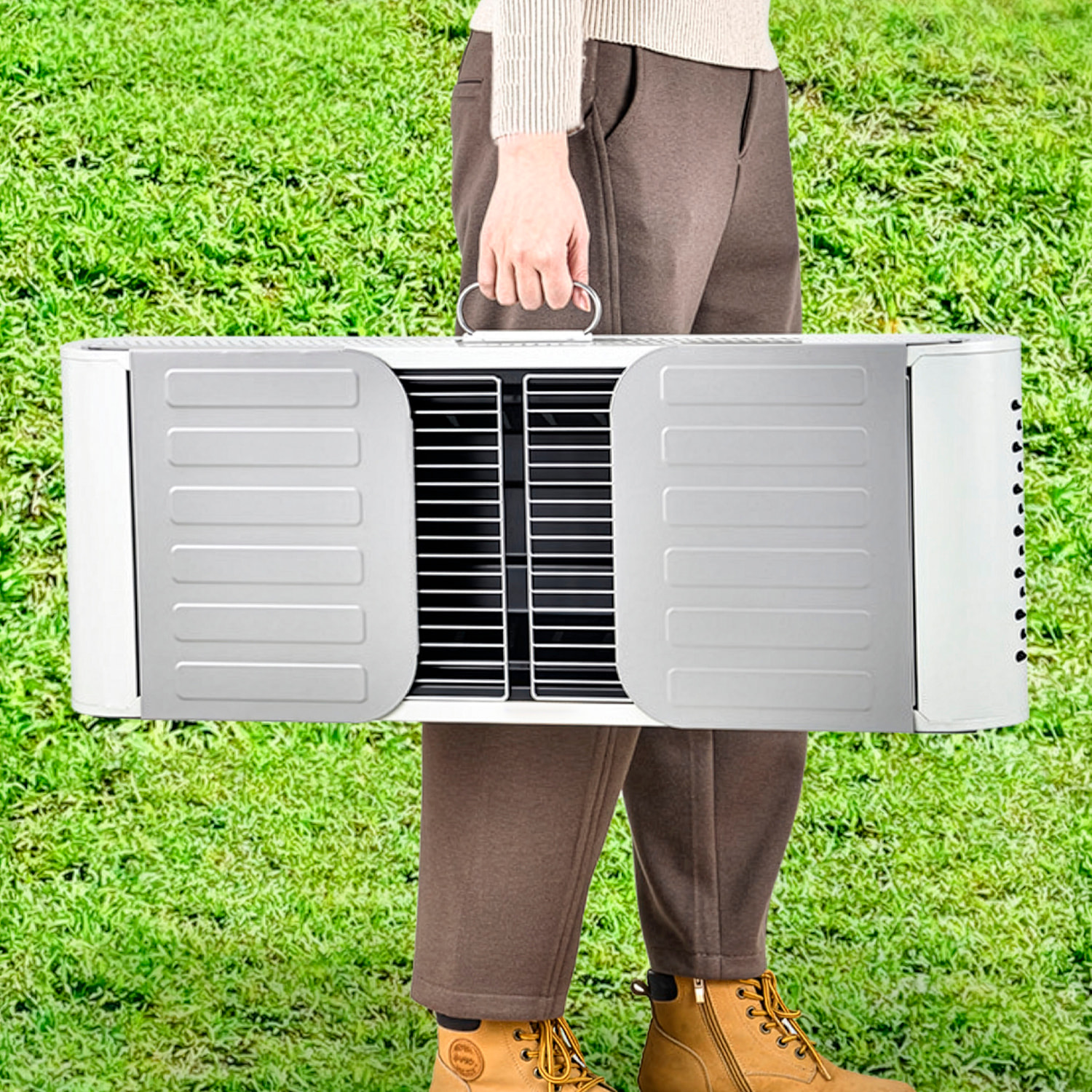 Barbecue portatile a carbone K-701 con design pieghevole, maniglia per il trasporto, ventilazione ottimizzata e ampi vassoi di stoccaggio integrati.