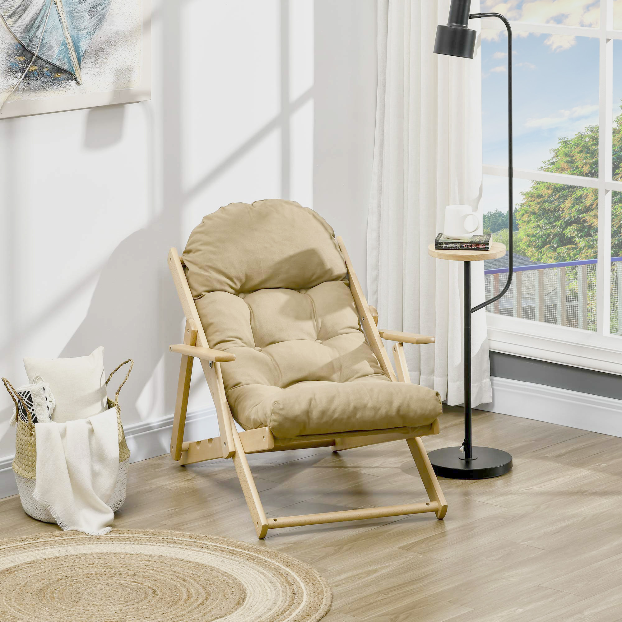 Fauteuil chaise pliable et inclinable en bois grand confort avec coussin capitonné épais - dim. 71I x 89P x 96H cm - beige