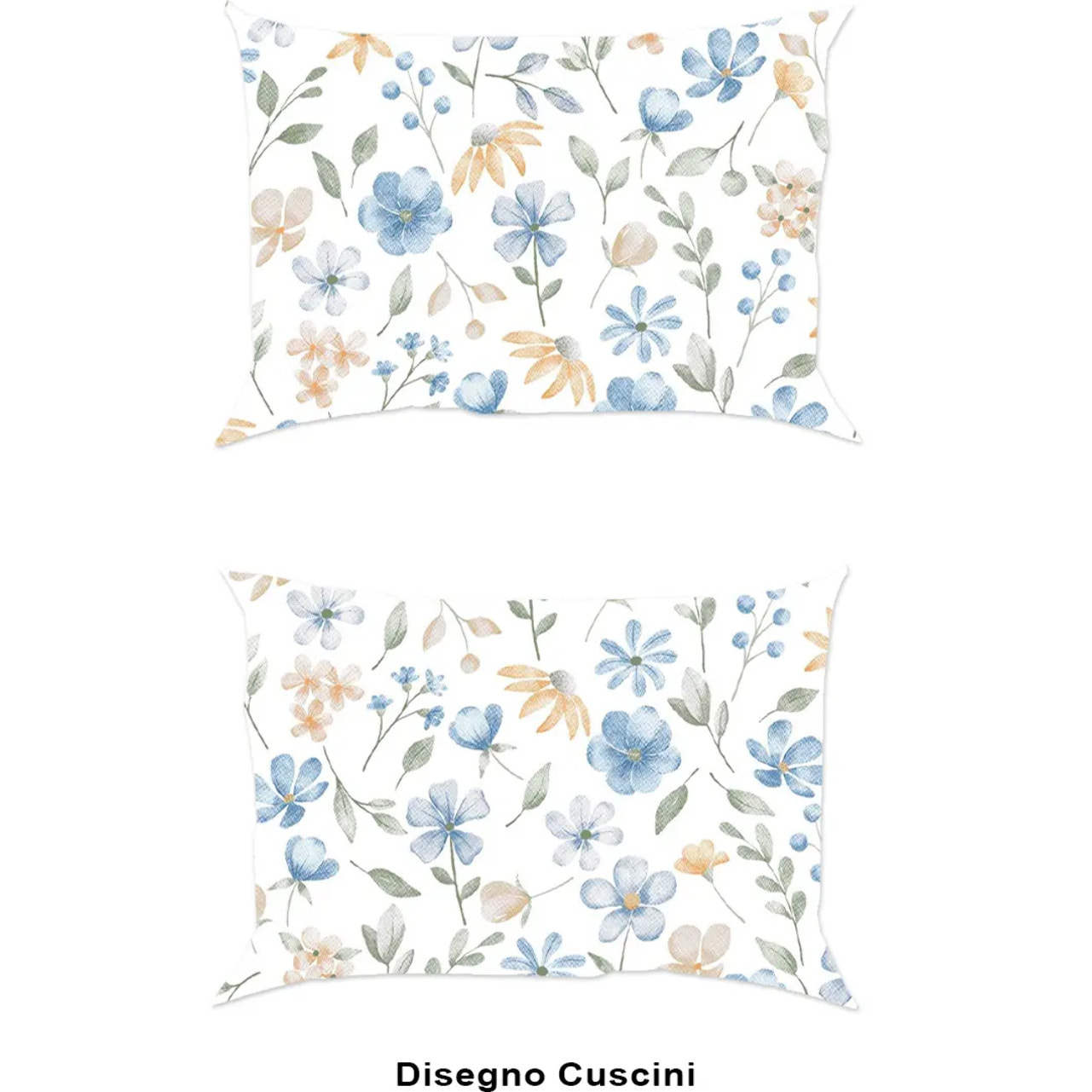 Coppia Federe per cuscini letto PRIMAVERA AZZURRO 100% Cotone e Made in Italy fiori floreale