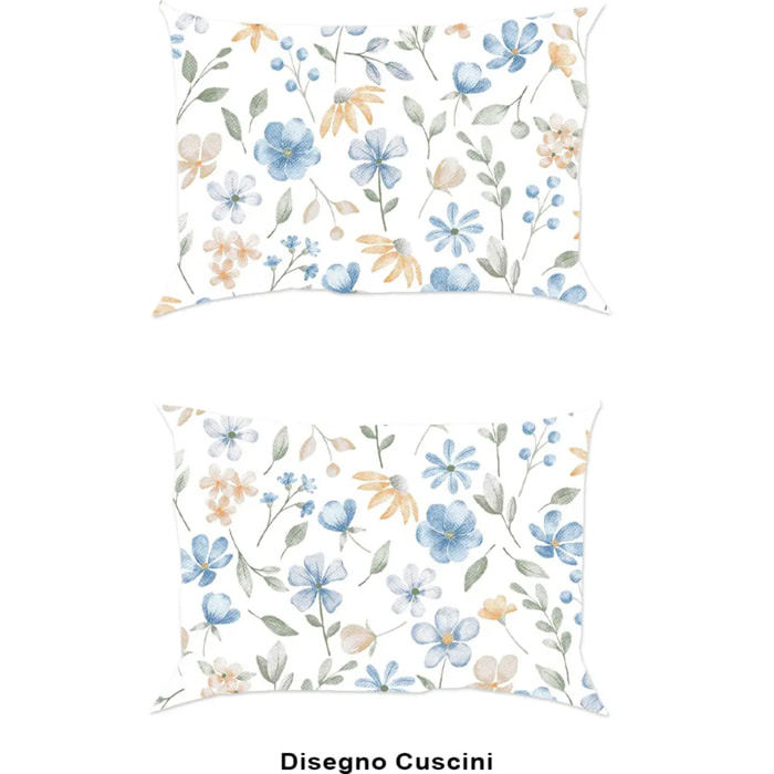 Coppia Federe per cuscini letto PRIMAVERA AZZURRO 100% Cotone e Made in Italy fiori floreale