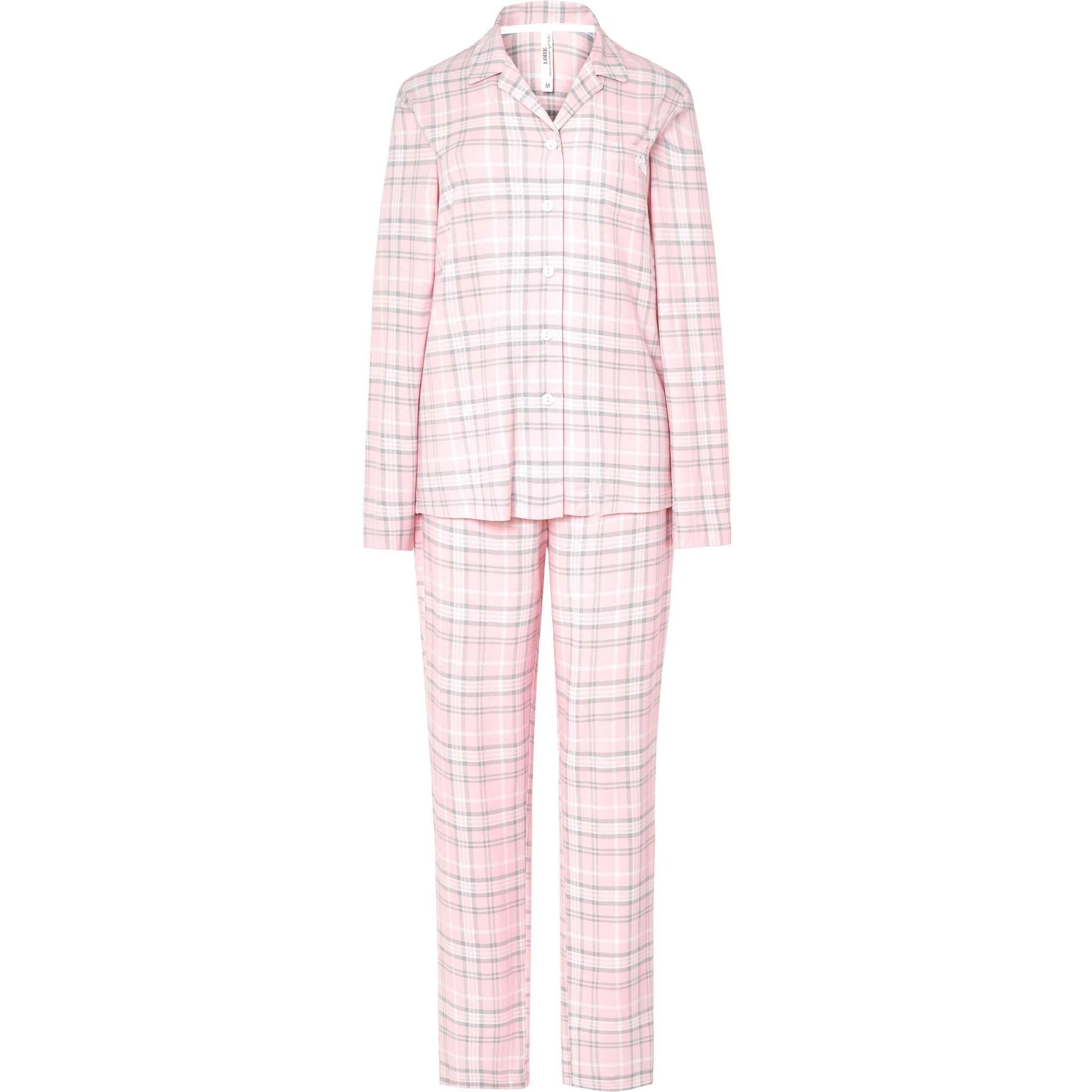 Pijama mujer con cuadros de suaves tonos rosa, abertura de botones, clásico cuello de solapa, manga larga y pantalón largo