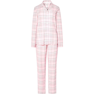 Pijama mujer con cuadros de suaves tonos rosa, abertura de botones, clásico cuello de solapa, manga larga y pantalón largo