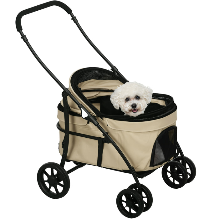 Carrito para Perros 2 en 1 Cochecito para Perros Pequeños Plegable con 2 Correas de Seguridad 2 Bolsillos Laterales Cojín Lavable y Ruedas Universales Carga 15 kg Caqui