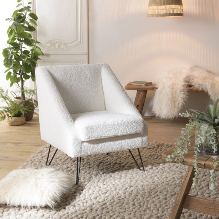 ALBANE - Fauteuil tissu bouclette blanc pieds épingles métal noir