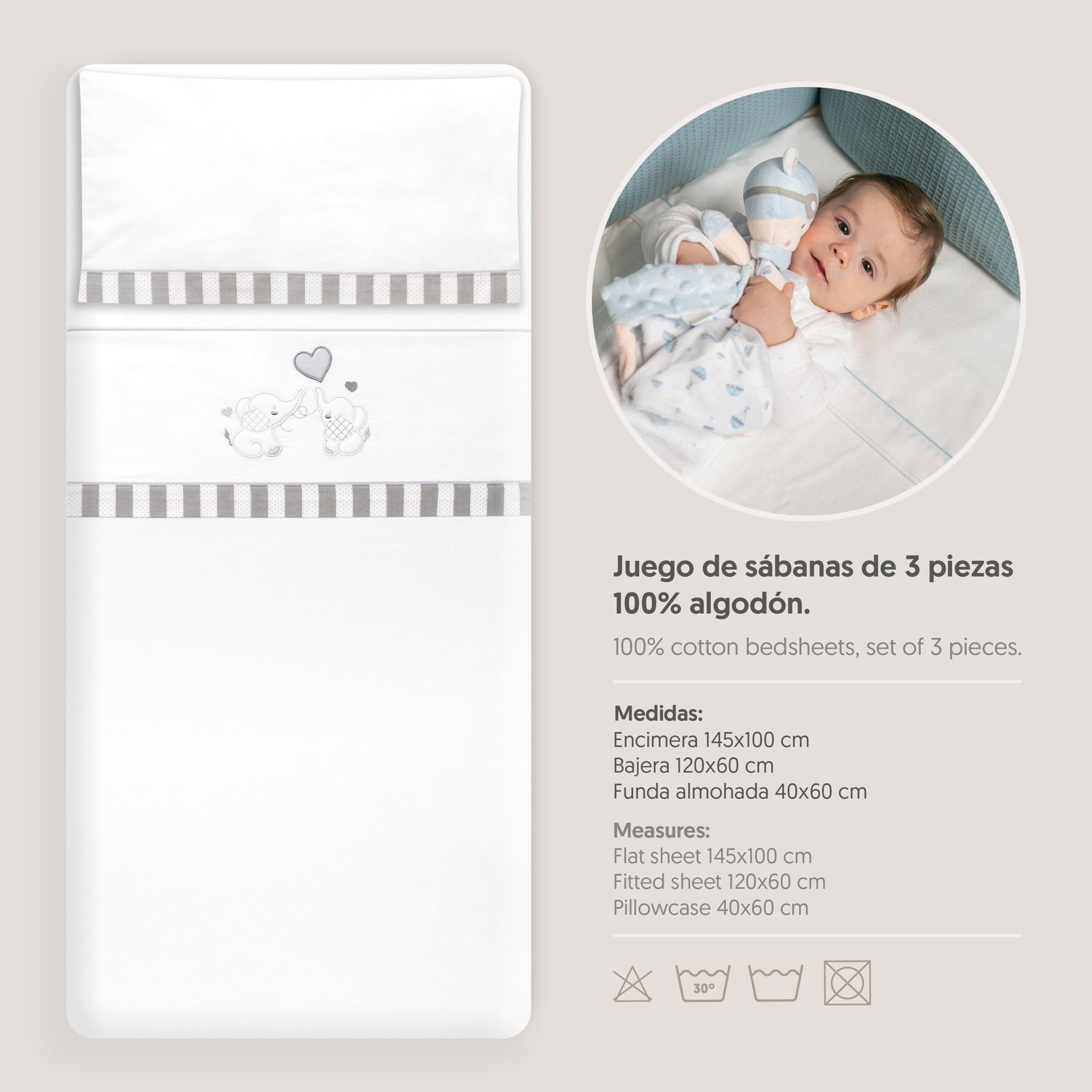 Triptico Cuna Parejita Elefante + Broche Bco/Gris