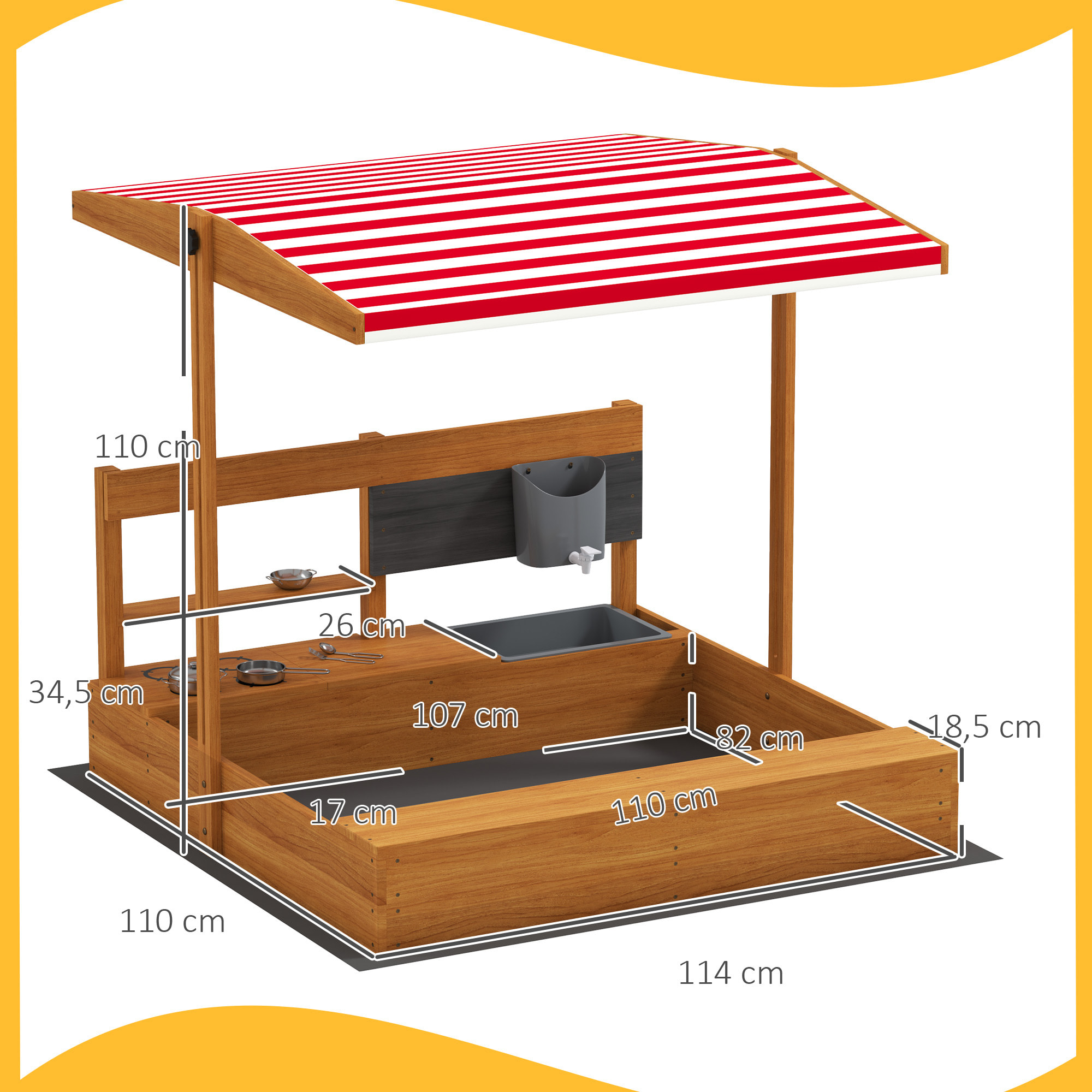 Arenero para Niños de Madera con Techo Ajustable, Arenero Infantil con Juguetes de Cocina, Estante y 2 Asientos, Juego para Niños de 3-7 Años, para Patio, Jardín, 114x110x110 cm, Marrón