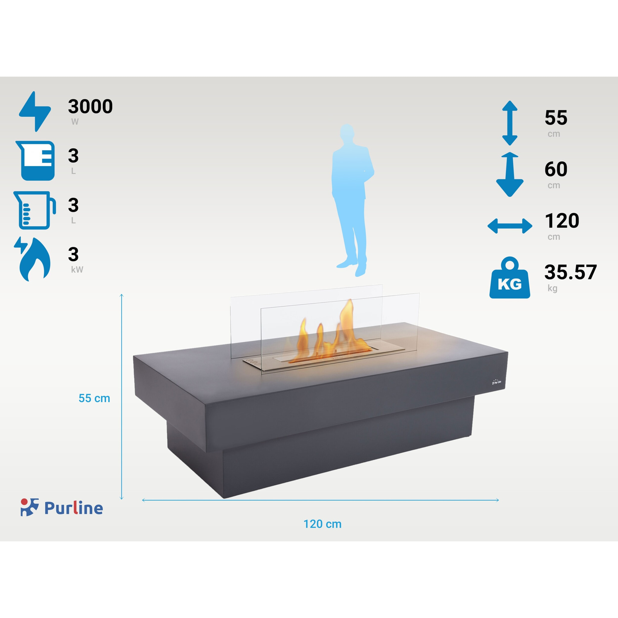 Chimenea de etanol de suelo en acero negro y quemador central NOTOS PURLINE