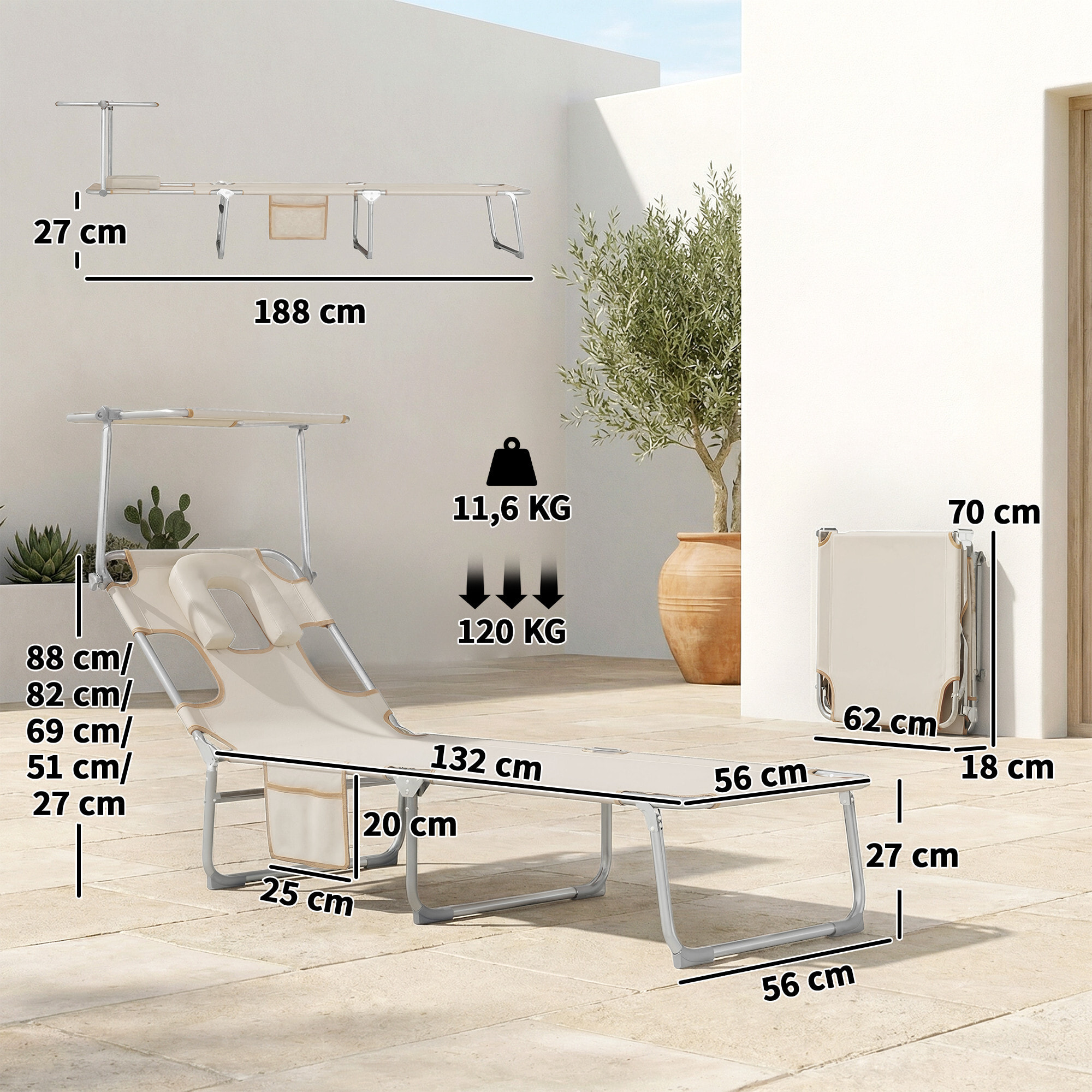 Set de 2 Tumbonas Jardín Exterior, Tumbonas Plegables con Reposacabezas, Dosel 360°, Orificio Facial, Bolsillo Lateral, Respaldo Reclinable 5 Posiciones y Textilene 550 g/m² para Playa, Beige