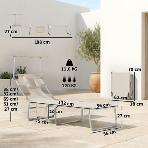 Set de 2 Tumbonas Jardín Exterior, Tumbonas Plegables con Reposacabezas, Dosel 360°, Orificio Facial, Bolsillo Lateral, Respaldo Reclinable 5 Posiciones y Textilene 550 g/m² para Playa, Beige
