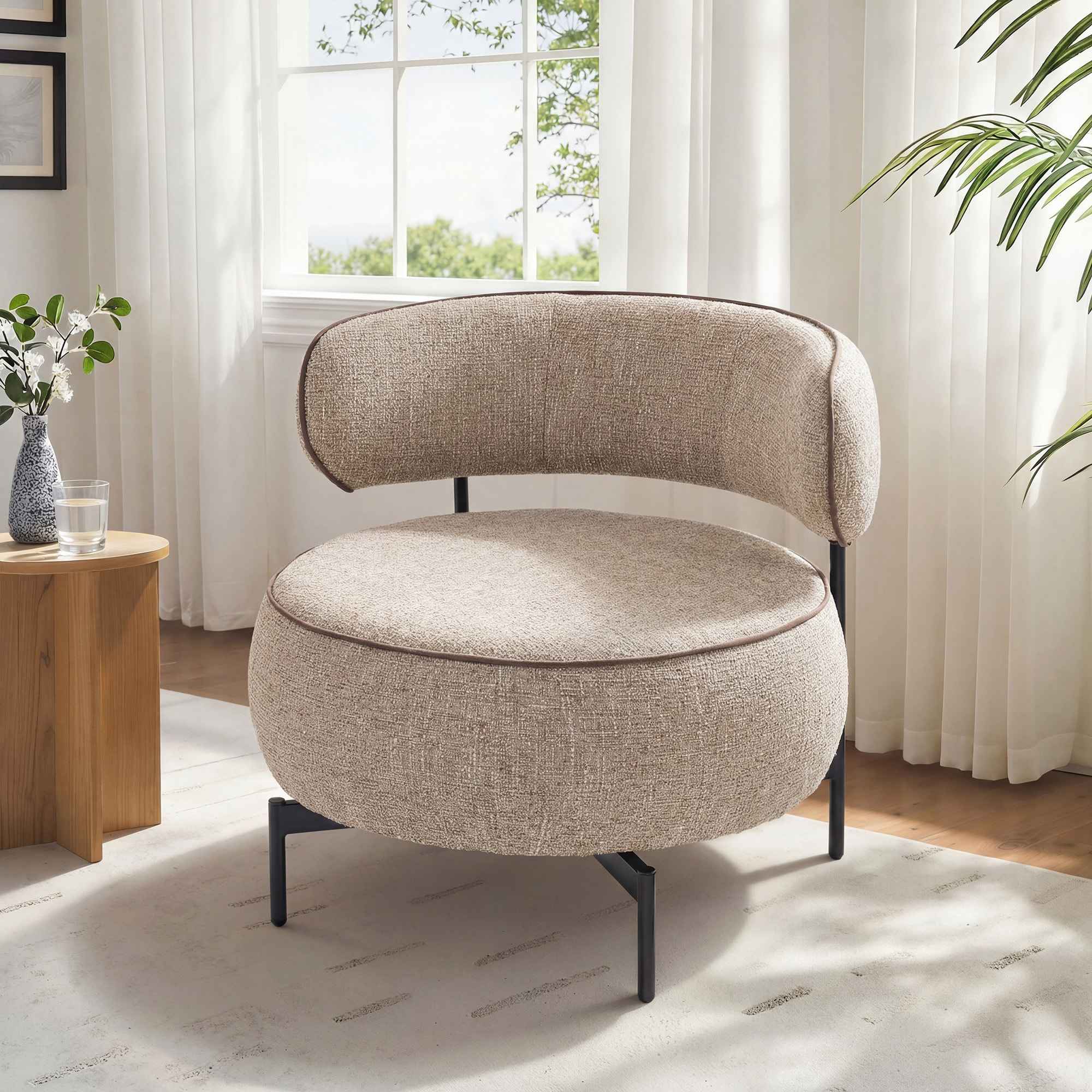 Butaca de Salón con Asiento Giratorio, Sillón de Salón, Tapizado en Lino, con Asiento Amplio, Acolchado Grueso, Patas de Metal para Dormitorio, Lectura, Beige