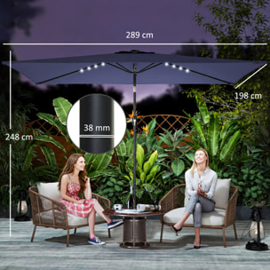 Sombrilla Terraza Exterior, 2,9x2,5 m, Sombrilla de Jardín con 24 Luces LED Solares, Dosel Inclinable, Poste Metálico, Parasol para Patio, Terraza, Azul Oscuro
