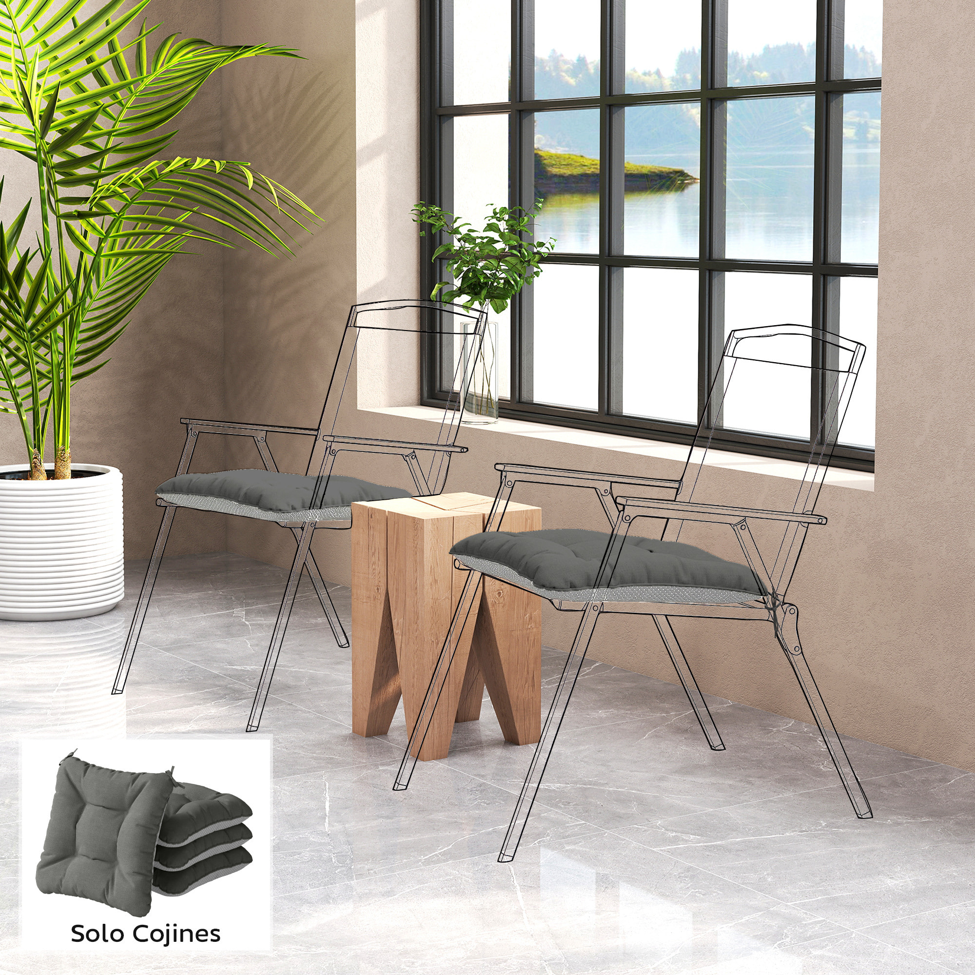 Set de 4 Cojines para Sillas, Cojines para Jardín, Colchones de Silla con Lazos y Base Antideslizante, Impermeables, Protección UV30+, para Interior y Exterior, 39,5x39,5x10 cm, Gris Oscuro