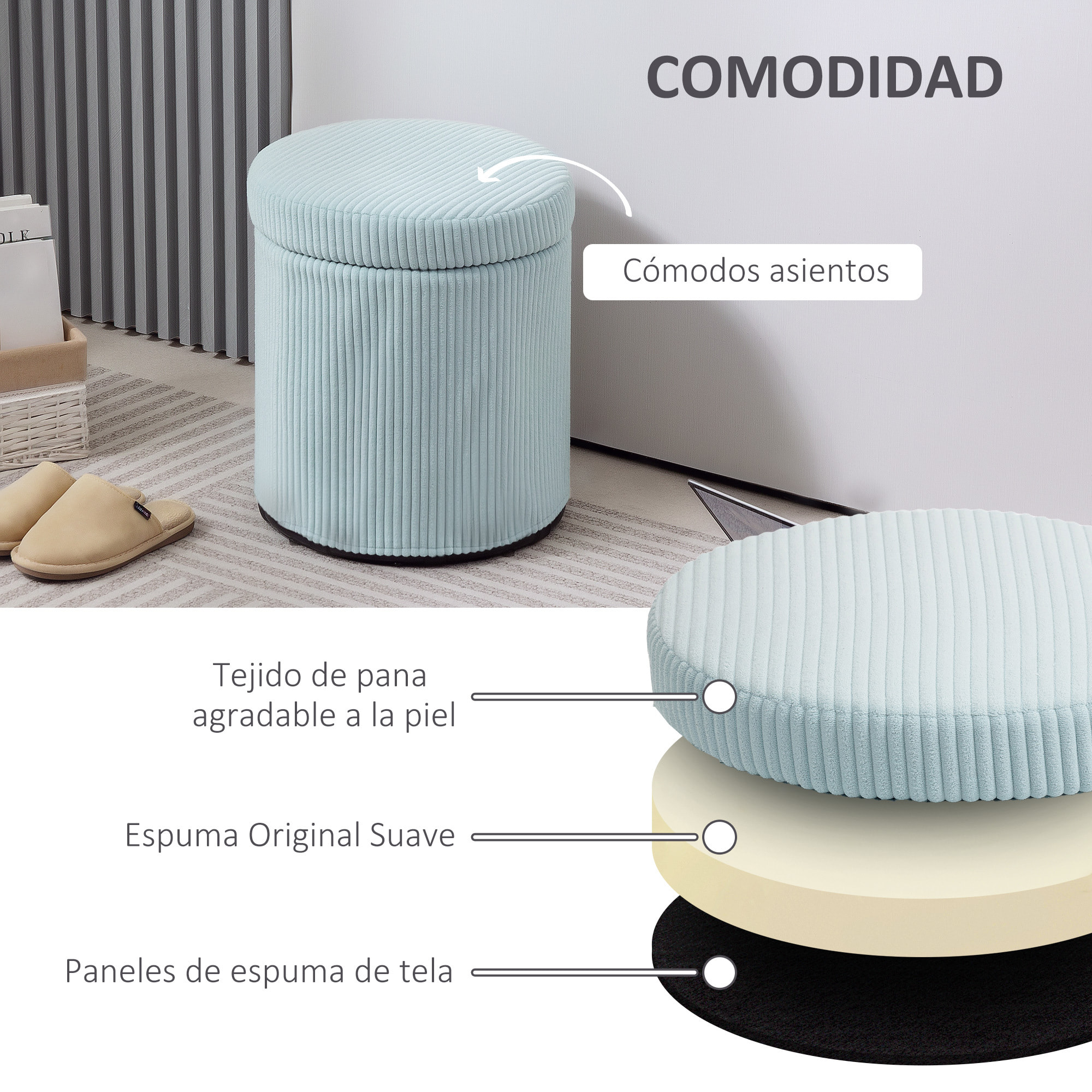 Puff Almacenaje Baúl de Almacenaje Redondo Tapizado en Pana Asiento Acolchado Tapa Extraíble para Pasillo Dormitorio Salón Ø40x41 cm Azul Claro