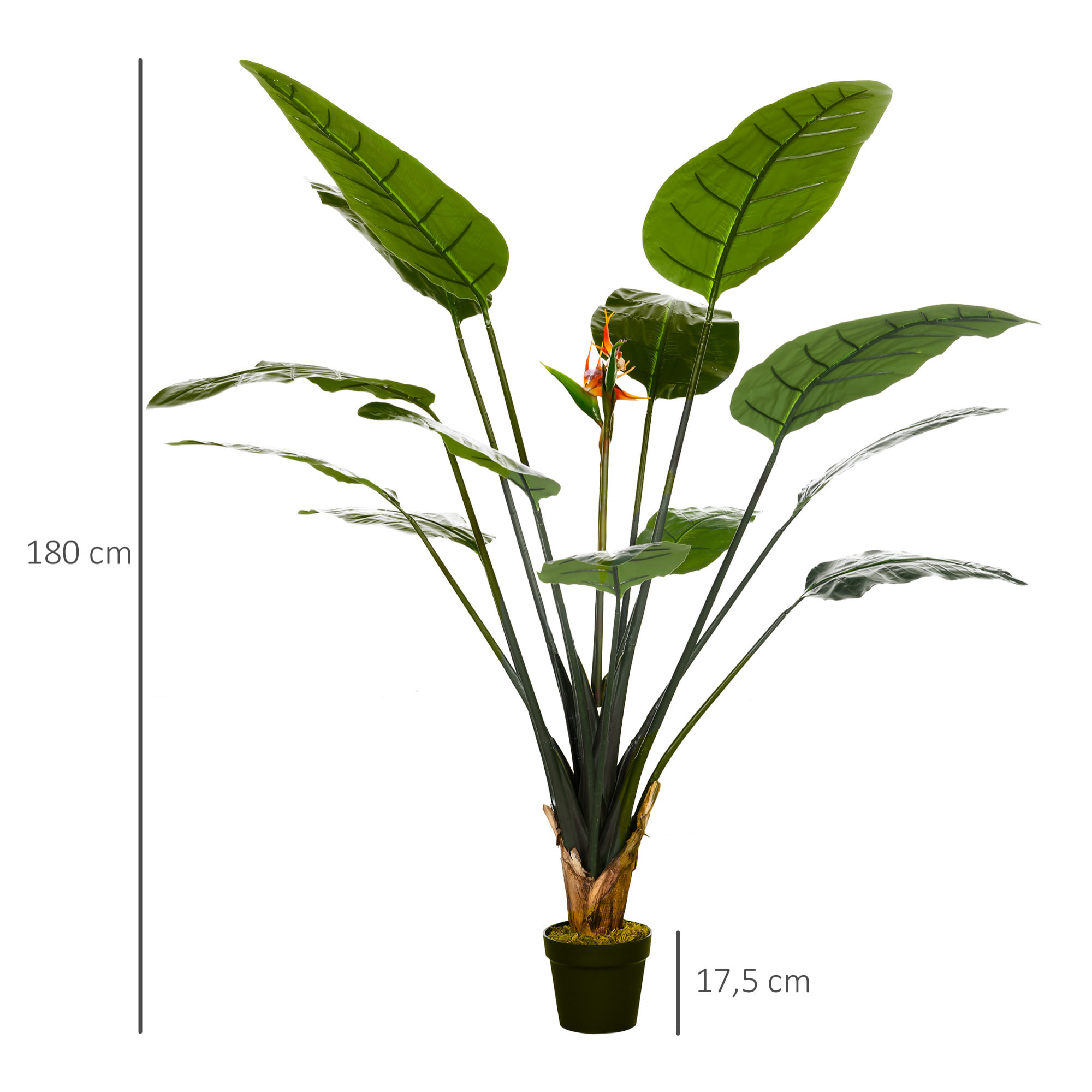 Plante artificielle Strelitzia H. 180 cm branches lichen feuilles fleurs grand réalisme pot inclus