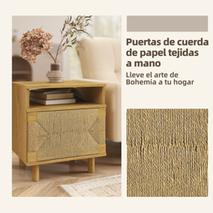 Mesita de Noche Bohemio con Puerta de Cuerda de Papel, Mesilla de Noche con Estante Abierto, Patas de Madera y Apertura por Presión, Mesa Auxiliar para Dormitorio, Salón, 45x39x50 cm, Roble