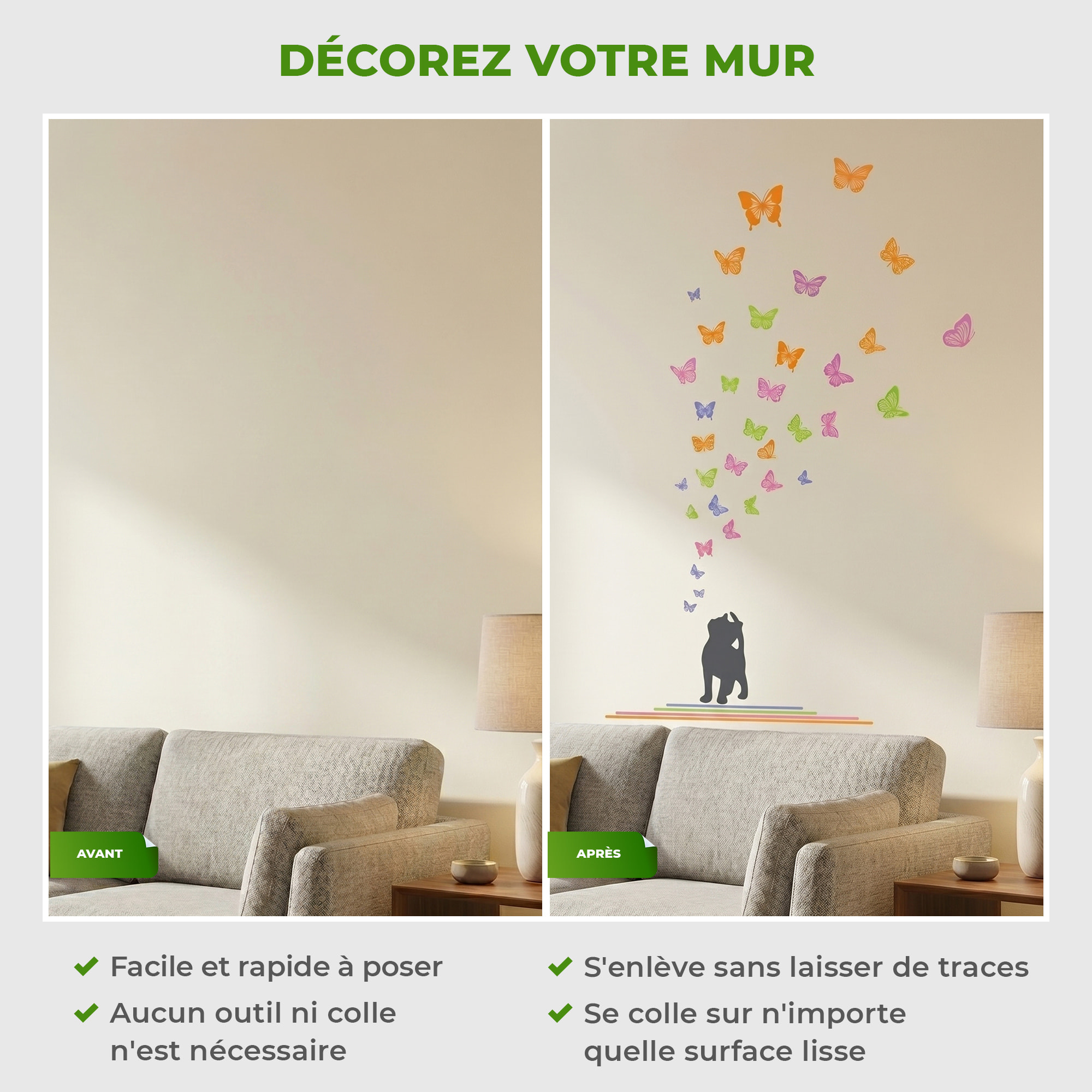 Stickers Muraux décoration adhésifs Chat et papillons