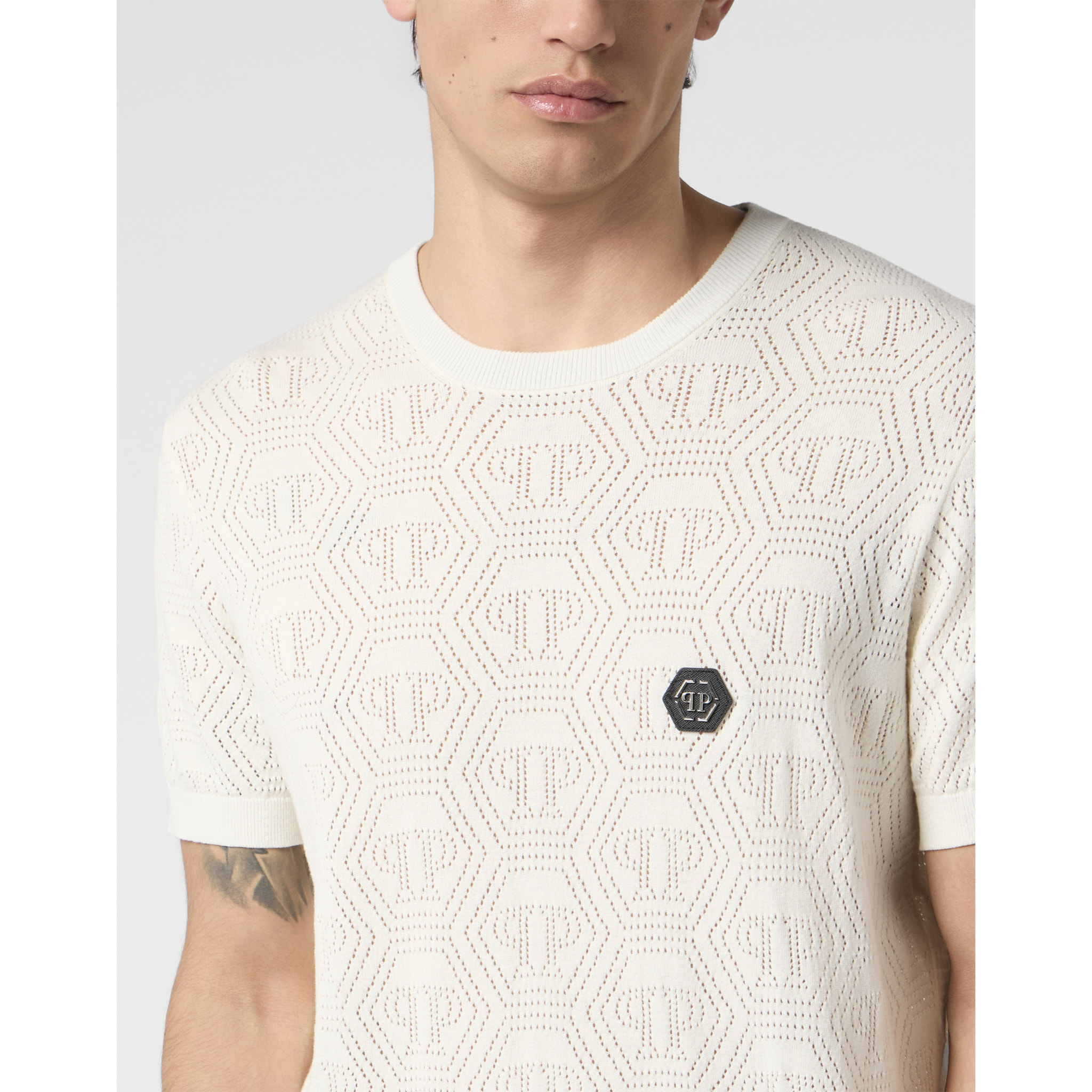PHILIPP PLEIN Round Neck T-Shirt Openwork Monogram