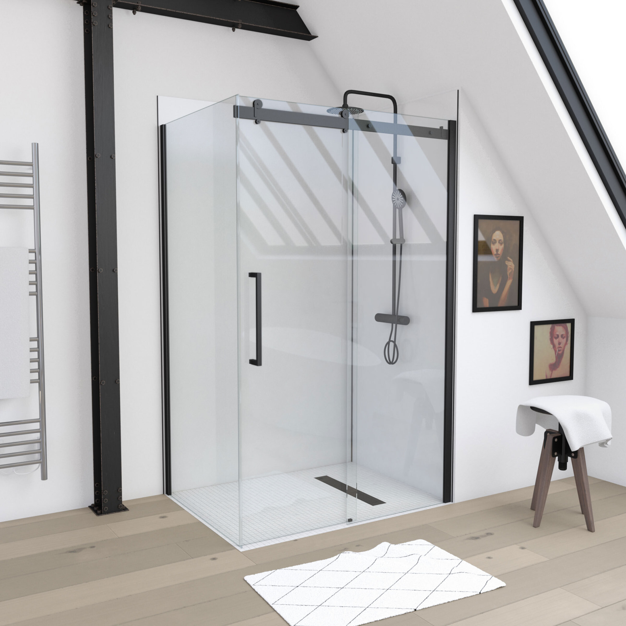 Paroi de retour pour Paroi porte de douche type industriel NOIR MAT - 80x200cm - verre trempe 8mm