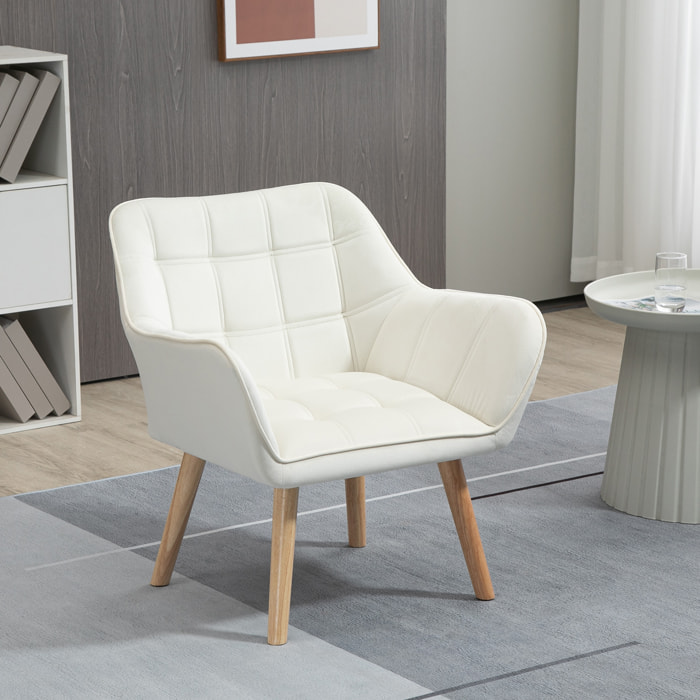 Fauteuil salon design scandinave - dossier accoudoirs enveloppant - piètement bois hévéa velours effet capitonné crème
